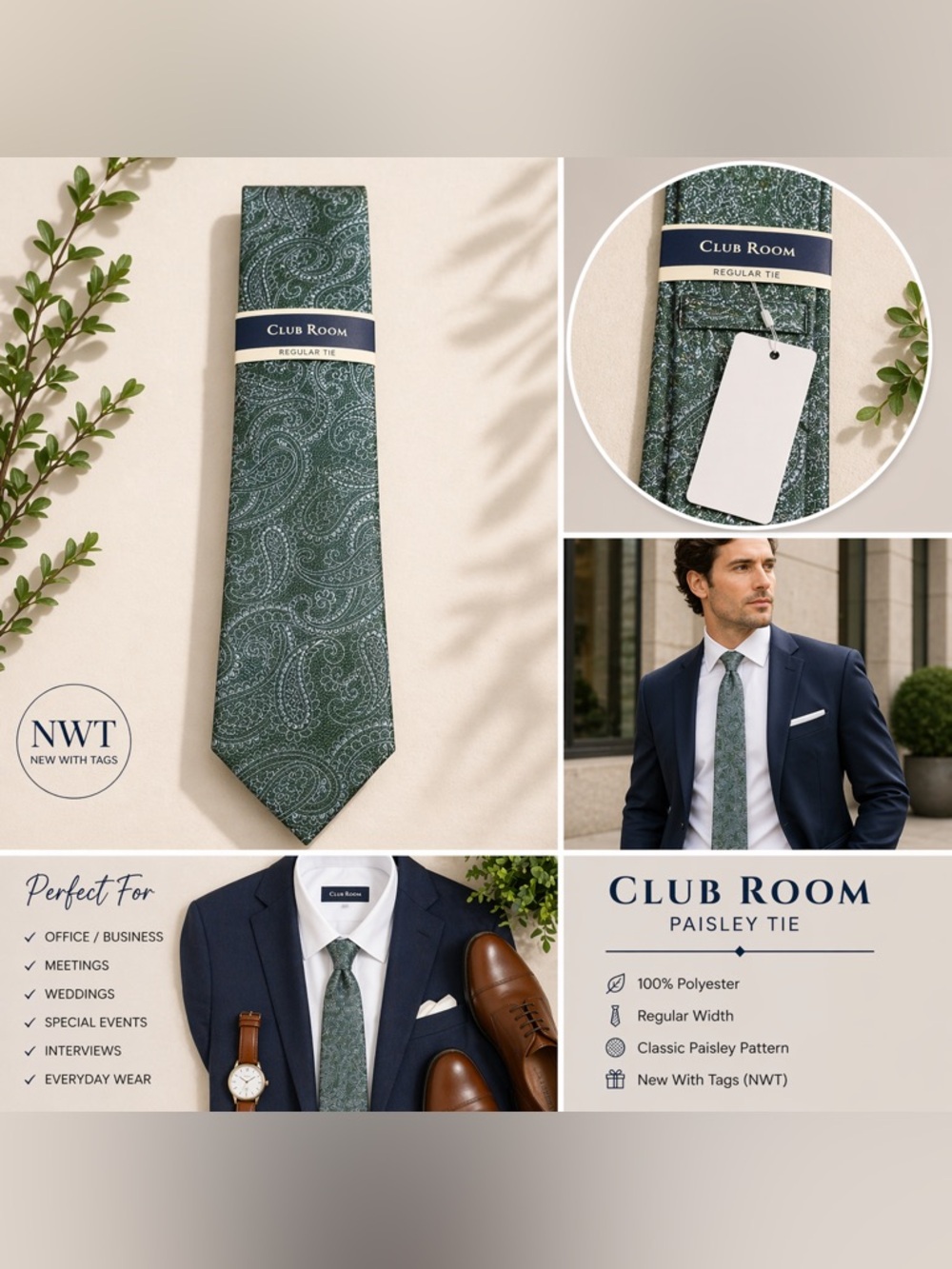 NWT Club Room Green Paisley Tie